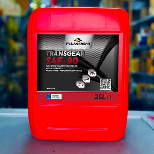 Bidon de 25 litres d'huile de boîte et pont Filmashi Transgear SAE-90 pour engins de terrassement au Maroc.