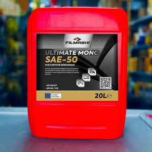 Bidon rouge de 20L d'huile monograde Filmashi Ultimate Mono SAE-50 pour moteurs d'ancienne génération au Maroc.
