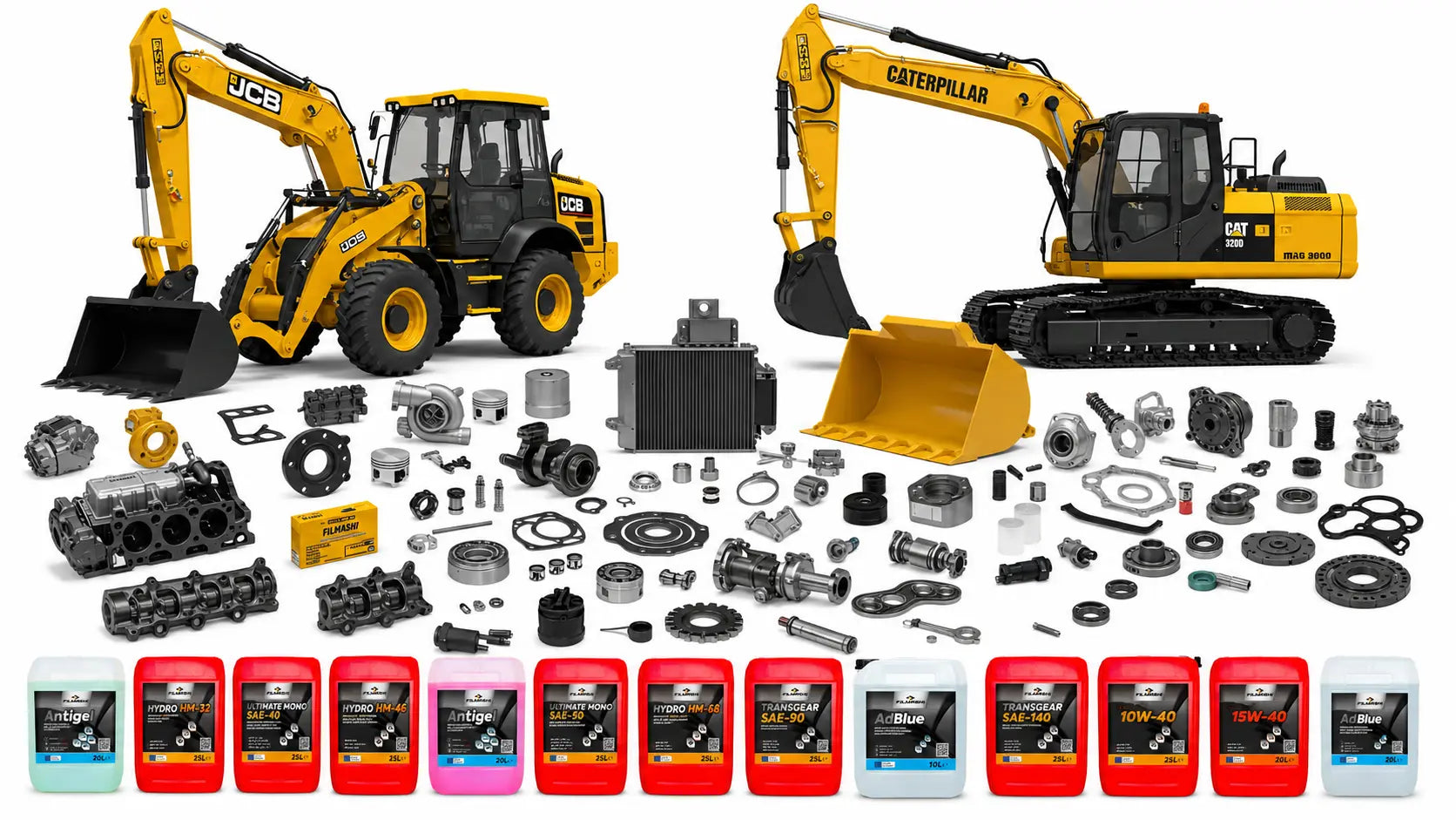 Pièces de rechange pour engins de chantier JCB et Caterpillar au Maroc : huiles moteur, huiles hydrauliques, filtres, pompes, turbos, joints, roulements, antigel et AdBlue Filmashi.