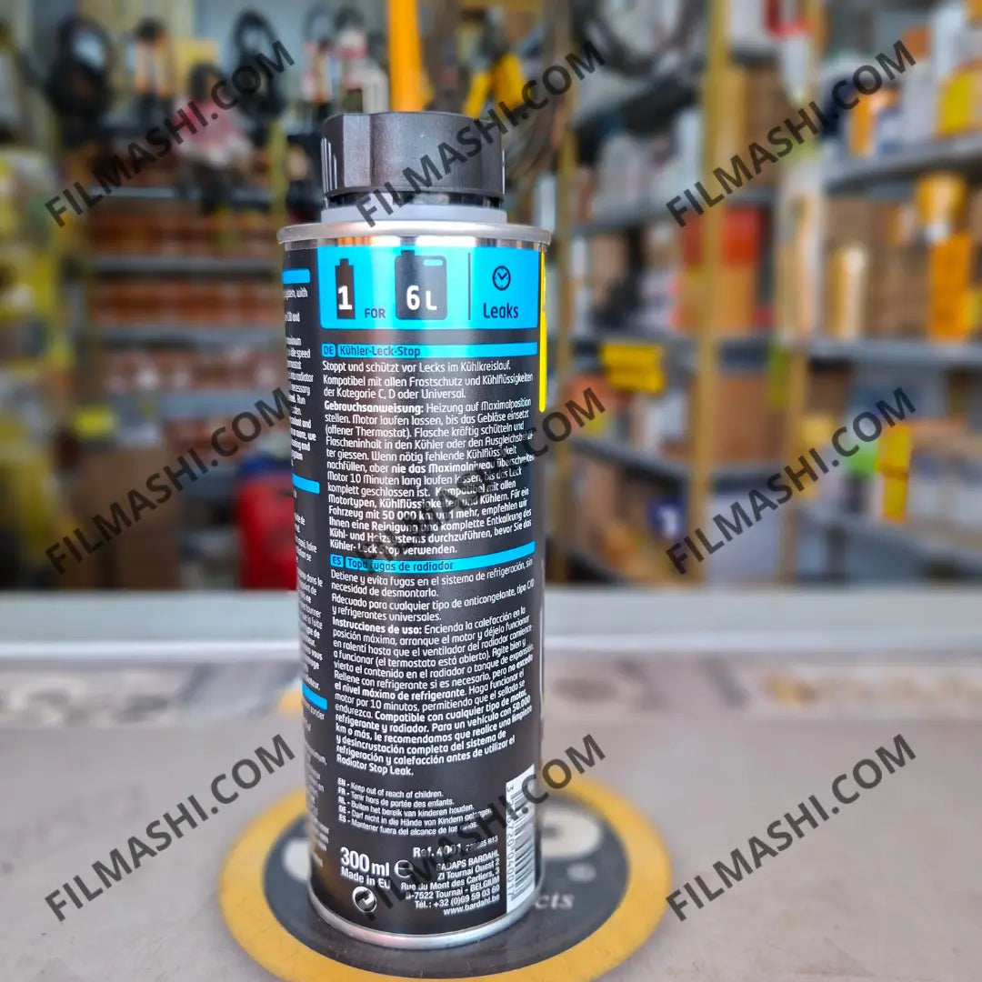 Bardahl Radiator Stop Leak proposé par Filmashi pour moteurs essence et diesel