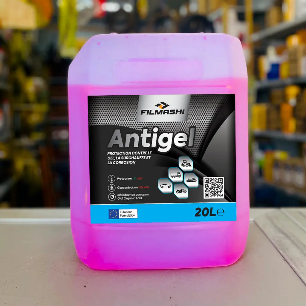 Liquide de refroidissement technique rose 20L efficace de -5°C à +120°C pour camions et excavatrices.