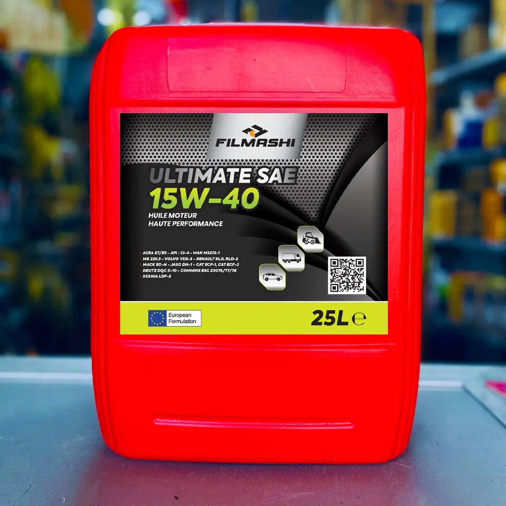 Bidon de 25 litres d'huile Filmashi 15W-40 pour moteurs diesel lourds au Maroc.