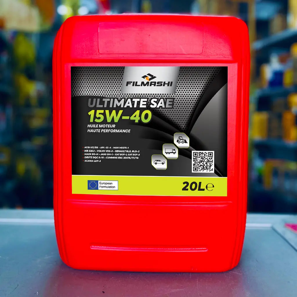 Bidon de 20 litres d'huile Filmashi 15W-40 pour l'entretien des flottes de camions au Maroc.