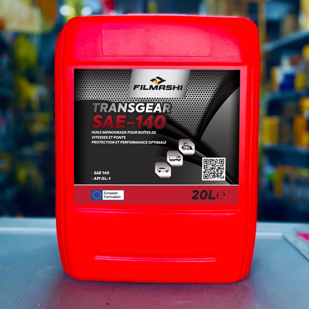 Bidon rouge de 20 litres d'huile de transmission Filmashi Transgear SAE-140 pour différentiels d'engins au Maroc.