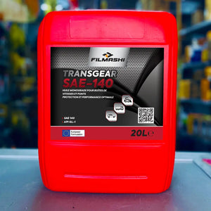 Bidon rouge de 20 litres d'huile de transmission Filmashi Transgear SAE-140 pour différentiels d'engins au Maroc.