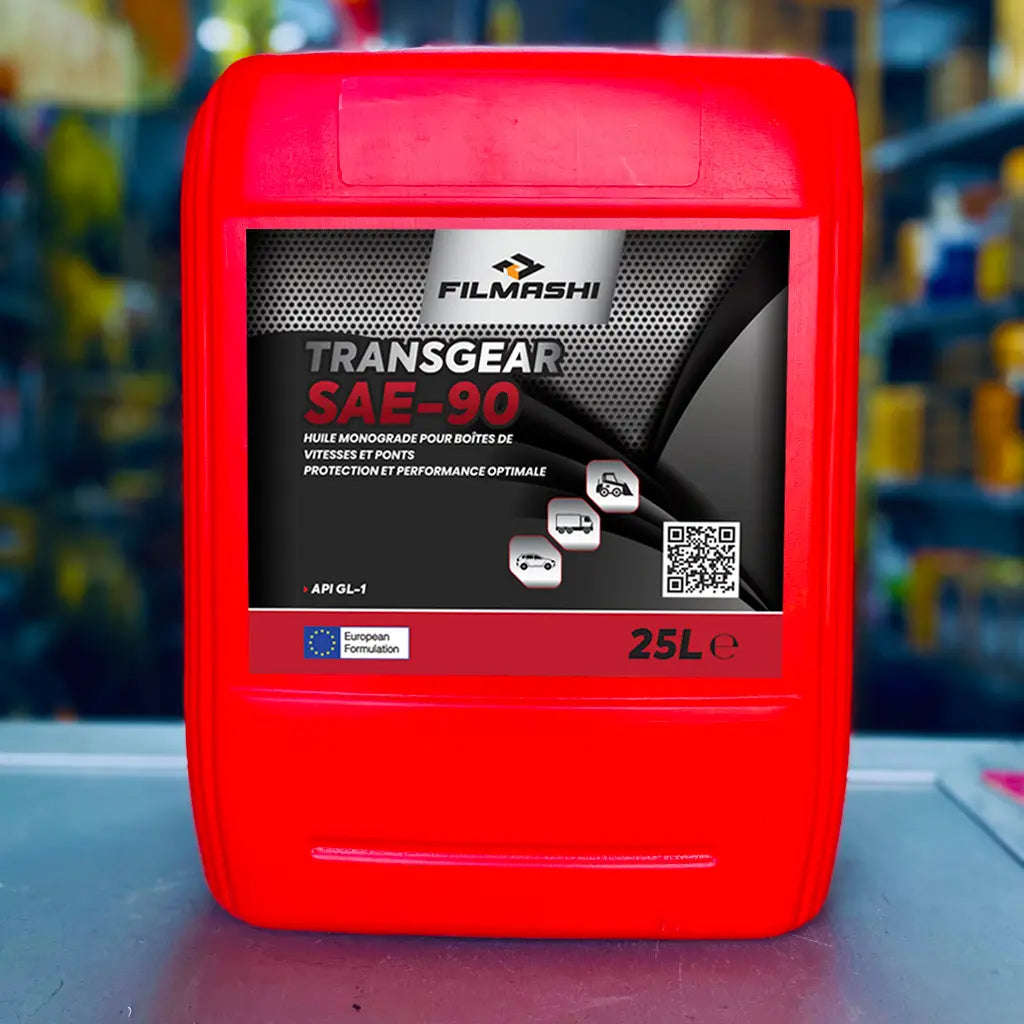 Bidon de 25 litres d'huile de boîte et pont Filmashi Transgear SAE-90 pour engins de terrassement au Maroc.