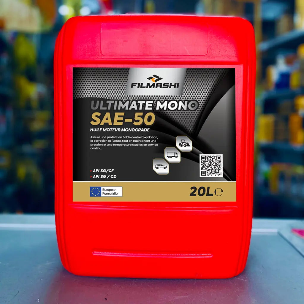 Bidon rouge de 20L d'huile monograde Filmashi Ultimate Mono SAE-50 pour moteurs d'ancienne génération au Maroc.