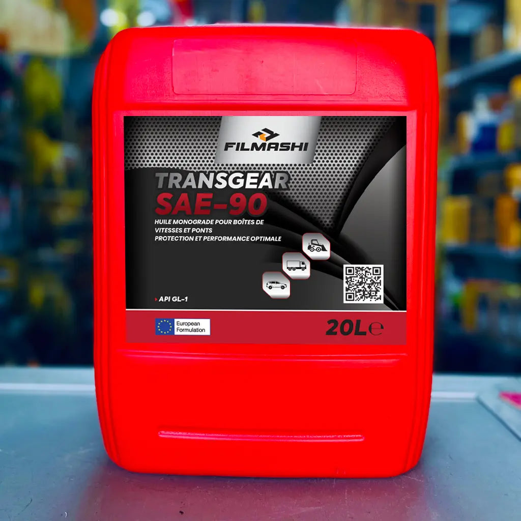 Bidon de 20 litres d'huile pour boîtes de vitesses et ponts Filmashi Transgear SAE-90 pour engins de chantier au Maroc.