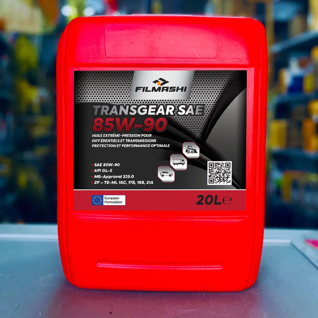 Bidon de 20 litres d'huile extrême-pression pour différentiels et transmissions Filmashi Transgear 85W-90.