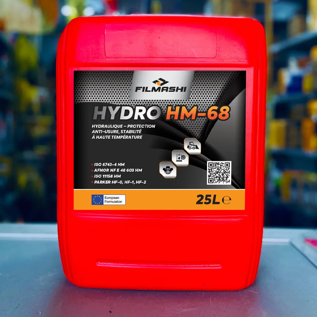 Bidon de 25 litres d'huile hydraulique Filmashi Hydro HM-68 anti-usure pour engins de chantier au Maroc.