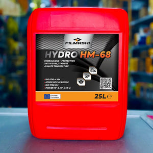 Bidon de 25 litres d'huile hydraulique Filmashi Hydro HM-68 anti-usure pour engins de chantier au Maroc.