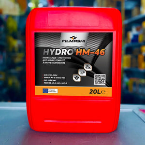 Bidon rouge de 20 litres d'huile hydraulique Filmashi Hydro HM-46 anti-usure pour engins de chantier au Maroc.