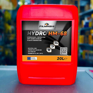 Bidon rouge de 20 litres d'huile hydraulique Filmashi Hydro HM-68 anti-usure pour excavatrices au Maroc.