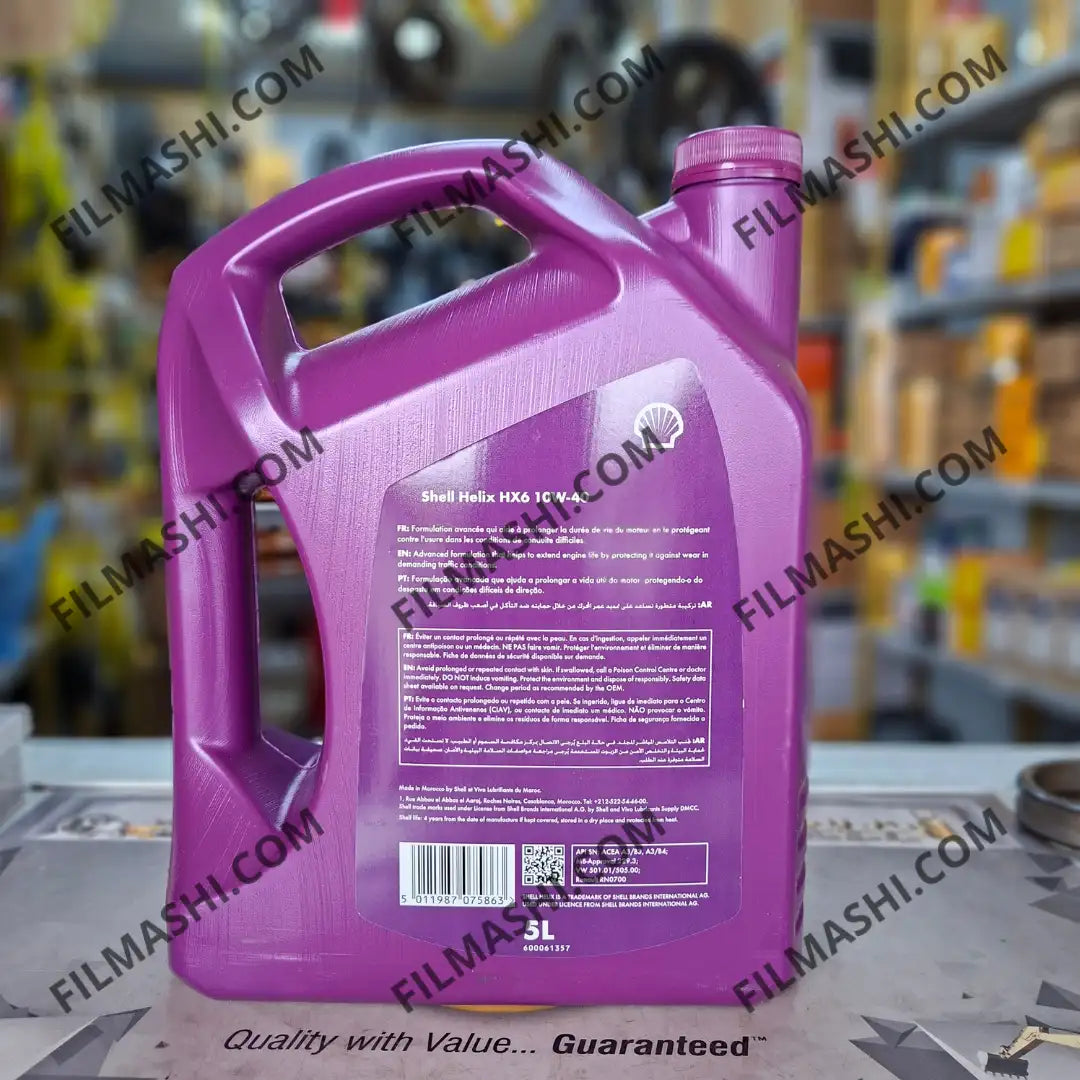 Shell Helix HX6 proposé par Filmashi pour moteurs essence et diesel compatibles